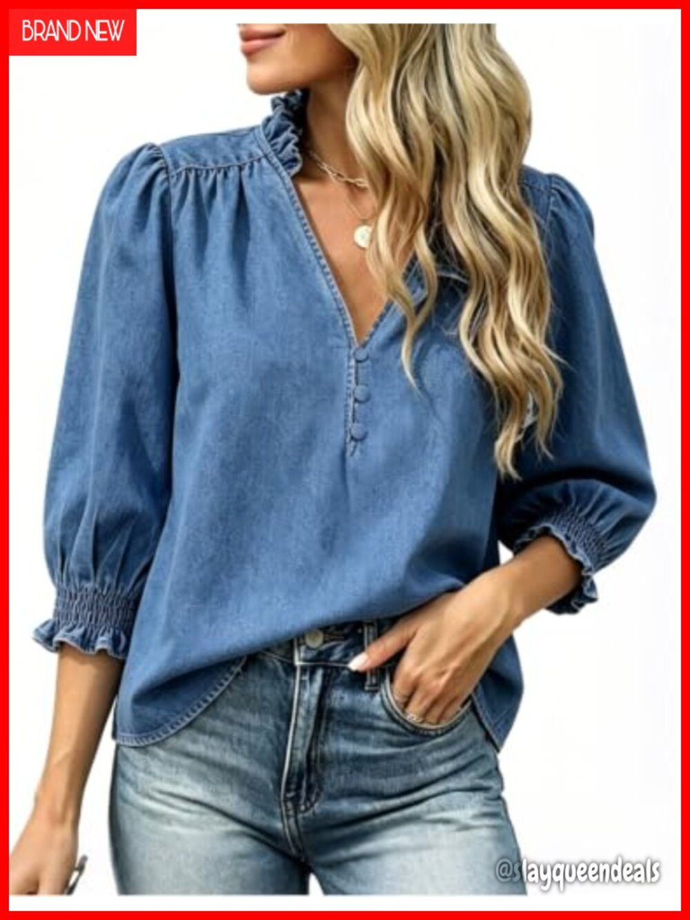 Washed Chambray Button Down V Neck Blouse Smocked Cuff Top